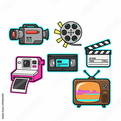 Retro Media Equipment Illustration: Vintage Camcorder, Film Reel, Instant Camera, Video Cassette, Clapperboard, Old Television Set