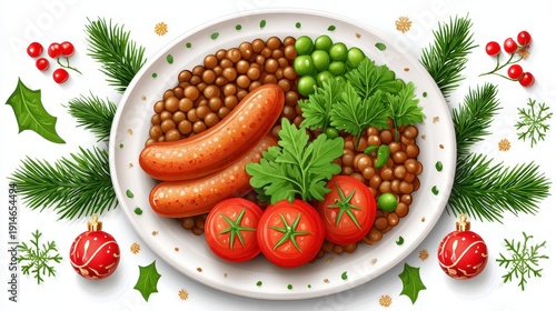 Festive Holiday Meal Sausage Lentils Peas Tomatoes and Parsley with Christmas Decorations and Fir Branches