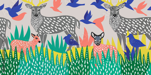 Stylized deer and birds pattern with vibrant colors and natural elements