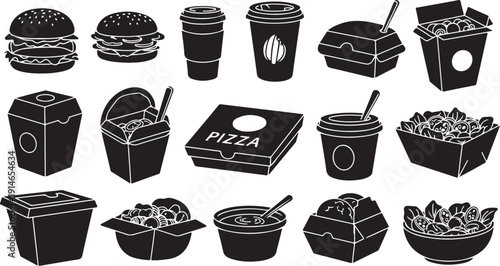 Fast Food Icons and Meal Boxes in Black and White