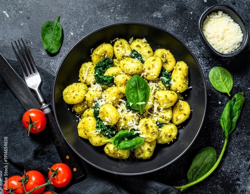 Potato gnocchi with pesto, parmesan cheese and spinach. Italian pasta. Black backgrou 