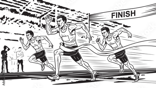 Energetic black and white illustration of multiple athletes racing to the finish line with intense focus and crowd support.