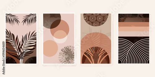 Four abstract botanical art prints in warm neutral earth tones