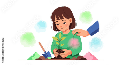 A cheerful young girl planting a green sprout with colorful flowers and eco-friendly gardening tools, conveying a joyful and sustainable mood with a flat illustration style against a clean