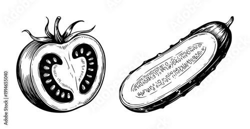 Vintage Style Black and White of a Halved Tomato and Cucumber vegetable food