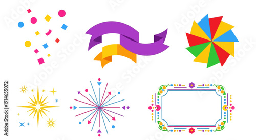 Vibrant Holi Celebration Elements with Colorful Confetti, Ribbons, and Decorative Frames