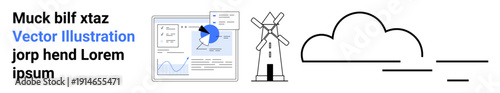 Data analysis, renewable energy, technological trends, cloud computing, environmental concepts, innovation. Graph interface, windmill and cloud icon. Data analysis and renewable energy concept