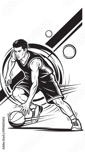 Dynamic illustration of a hockey player in action on the rink with stick and puck.