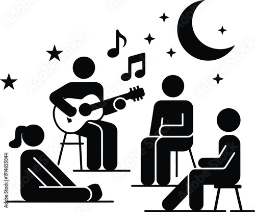 People sitting around a musician playing guitar under the stars