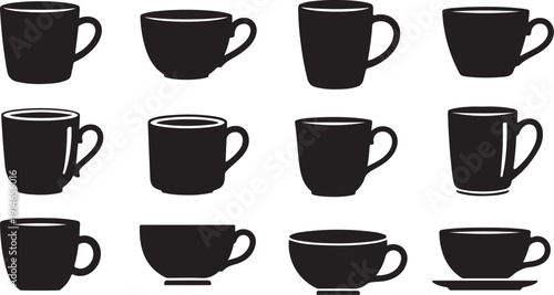 Collection of black coffee cups and mugs in silhouette