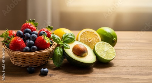 Wallpaper Mural A Fresh Assortment of Ripe Fruits and Berries Artfully Arranged on a Wooden Surface Torontodigital.ca