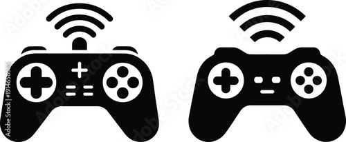 Black wireless game controller icons isolated on white background for gaming concept.
