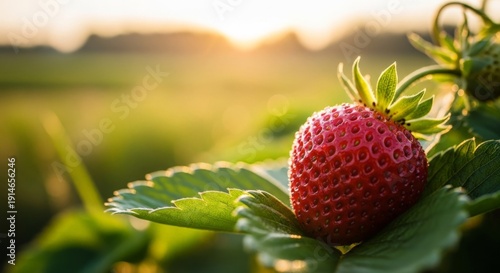 Wallpaper Mural A Ripe Strawberry Growing on a Leaf with a Golden Sunset in a Field Torontodigital.ca