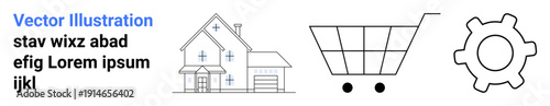 Home services, online shopping, digital settings, customization, system management, modern commerce. Minimalistic outline of a house, cart and gear icon. Home services and online shopping