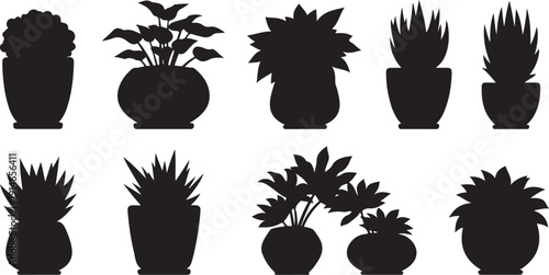 Silhouettes of various potted plants on white background illustration