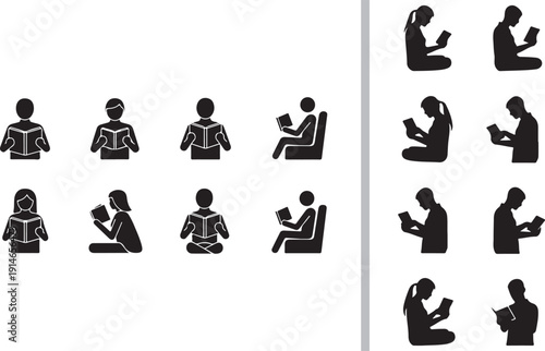 A black and white vector set featuring sixteen silhouettes of men and women reading books in various seated, sitting cross-legged, and side-profile positions.