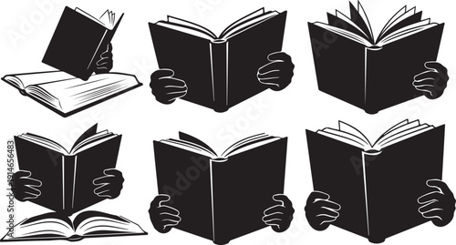 Hands holding open and closed books in various positions