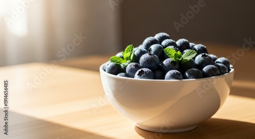 Wallpaper Mural A white bowl filled with fresh blueberries and mint leaves on a wooden table Torontodigital.ca