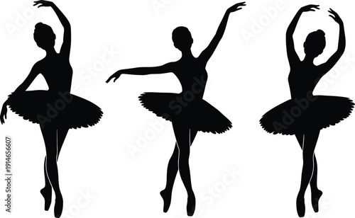 Ballerina dancer silhouettes vector set, classical ballet poses, elegant tutu dance figures, performing arts icons, graceful female dance illustrations