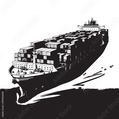 Large container ship slicing through waves with stacked cargo containers on a vast ocean voyage.