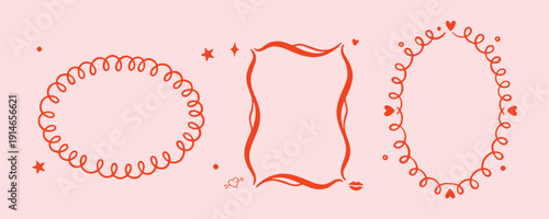 Whimsical rectangle and heart frames with bows and ribbons. Hand drawn classic elegant coquette border for wedding invitation and party bachelorette decoration