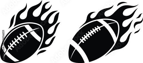 Two black and white footballs with flames