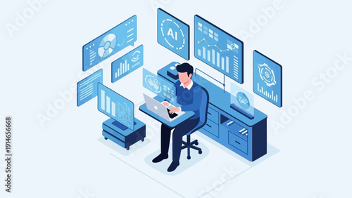 Businessman analyzing data on multiple screens in modern office