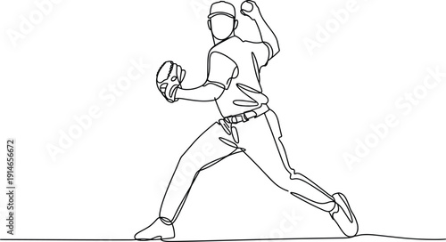 Baseball pitcher throwing ball in dynamic pose, athlete line art illustration vector for sports training and competition