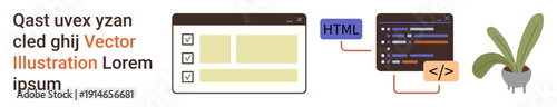 Web design, front-end development, coding, digital tools, user interface, programming. Browser window with design layout, coding elements and a potted plant. Web design and front-end development