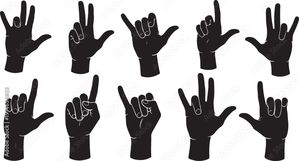Fototapeta premium Hand gestures in sign language on white background illustration