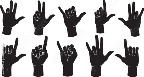 Hand gestures in sign language on white background illustration