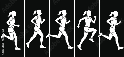 White female runner silhouettes in a sequential running cycle animation set isolated on black background for fitness and athletic design.