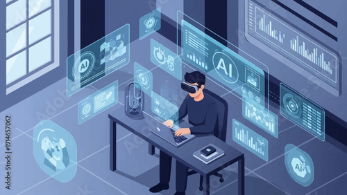 Man working with virtual reality headset and AI data visualization tools