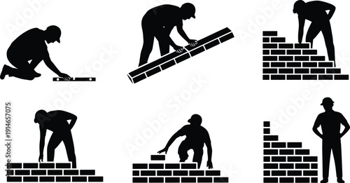 Bricklayer and mason workers building brick wall silhouettes vector collection, construction masonry poses, manual labor icons, building tools, safety, worksite illustrations