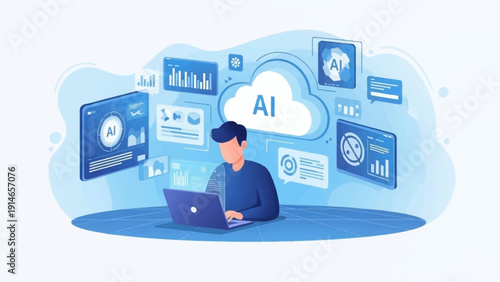 Man working on laptop with AI technology interface