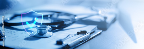 Foto Health insurance and medical coverage concept with stethoscope, clipboard, and protection shield icon