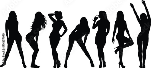 Diverse collection of black female silhouettes featuring various active poses including dancing, jumping, standing, and posing for fashion and lifestyle design.