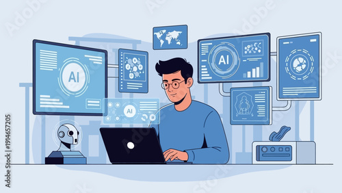 Man working with AI technology on laptop in modern office