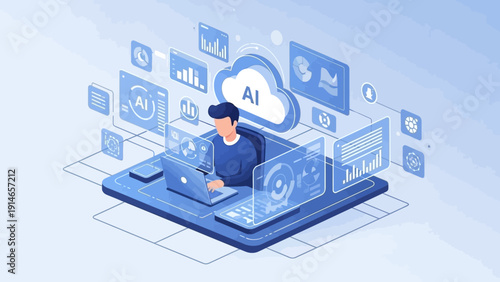 Professional man working with AI technology on laptop in modern workspace