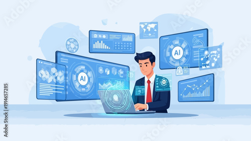 Businessman working with AI data analytics on laptop in modern office