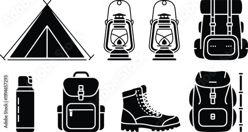Camping and hiking gear silhouettes, tent lantern backpack boots and bottle icons, outdoor adventure equipment vector set