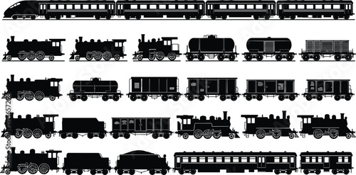 Black train silhouettes set featuring steam locomotives, modern high speed rail, passenger carriages, and freight cargo wagons for railway transport.