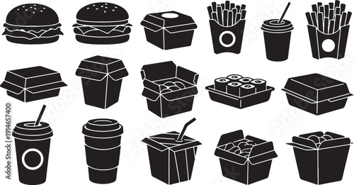 Fast Food Icons and Meal Boxes in Black Silhouette