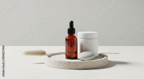 Wallpaper Mural Amber serum bottle and white cream jar with dropper on minimalist tray Torontodigital.ca