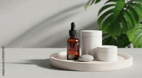 Wallpaper Mural Amber Serum Bottle and White Cosmetic Jars on Wooden Tray with Plant Leaf Shadow Torontodigital.ca