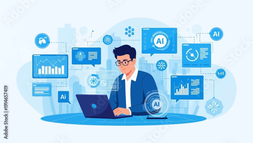 Businessman working efficiently with AI technology on laptop in a modern office setting, surrounded by data analysis and innovative digital tools.