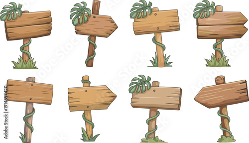 Cartoon wooden direction sign collection with tropical leaves and vines, rustic arrow signboards flat vector illustration set