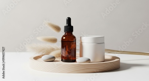Wallpaper Mural Amber Serum Bottle And White Cream Jar With Natural Decor On Wooden Tray Torontodigital.ca