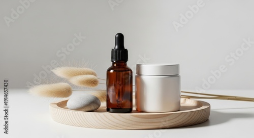 Wallpaper Mural Amber serum bottle and white cream jar with natural elements on a wooden tray Torontodigital.ca