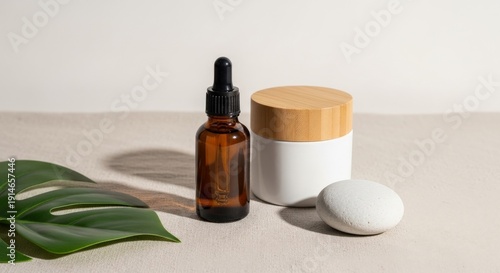 Wallpaper Mural Amber Serum Bottle and White Jar with Bamboo Lid for Skincare Torontodigital.ca